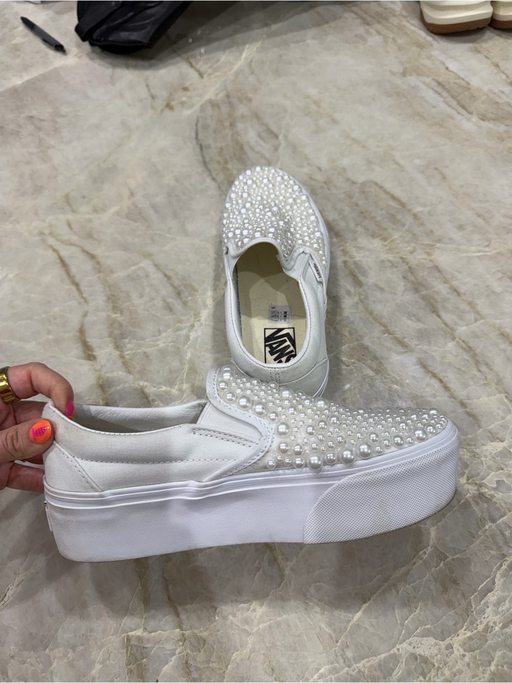 Vans White Pearl-Embellished Platform Slip-On Sneakers Wedding Bridal Sneakers 8